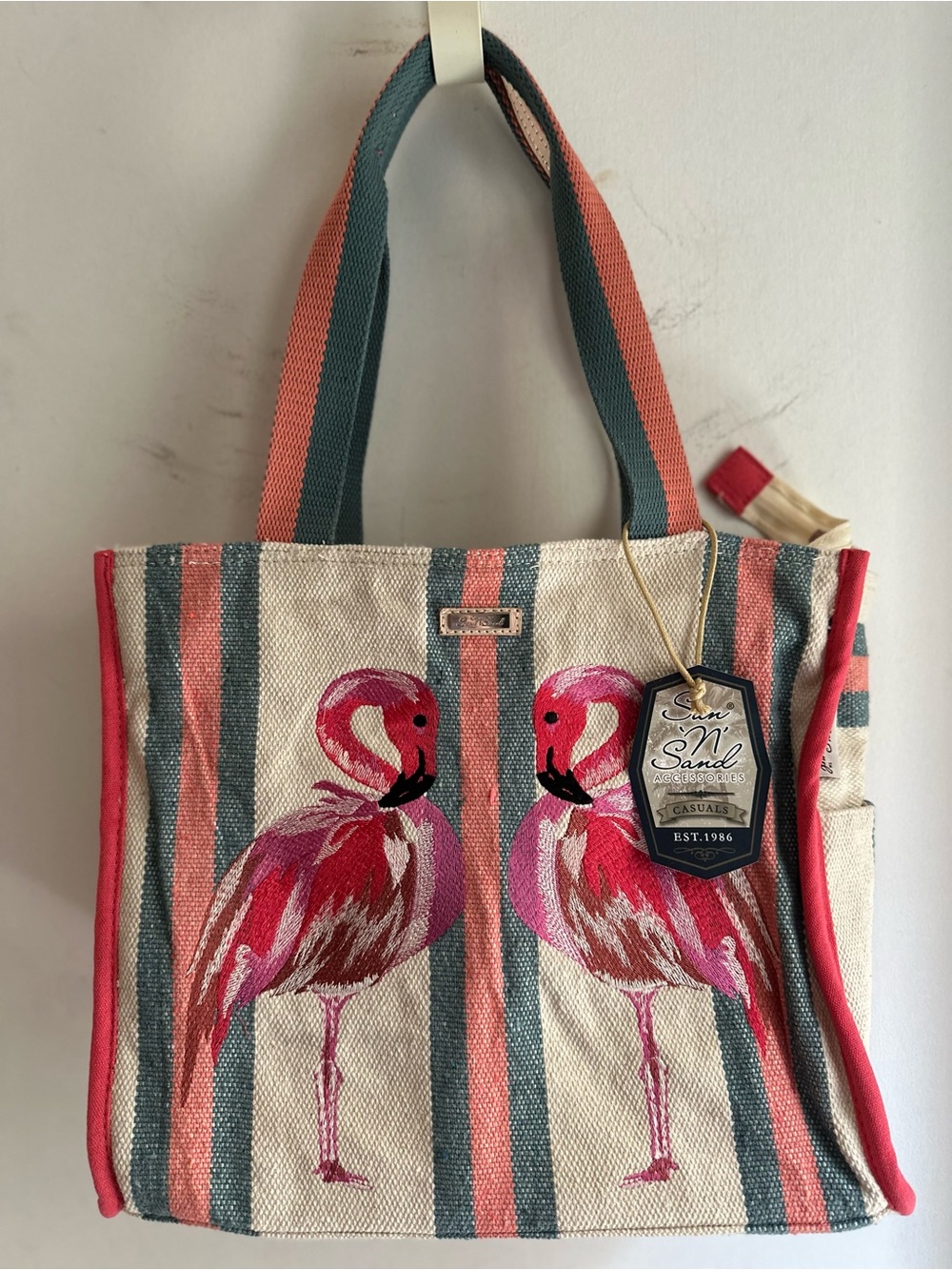 Sun N Sand Flamingo Tote Bag NWT Embroidered Striped Canvas Beach Shoulder Purse